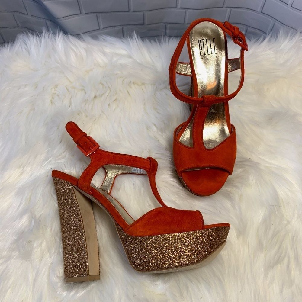Pelle Moda Orange Suede Glitter Platform Shoes